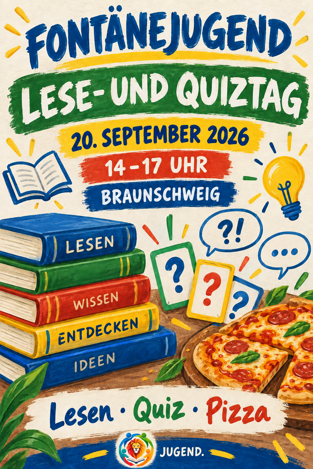Flyer zum Fontänejugend Lese- und Quiztag am 20. September 2026